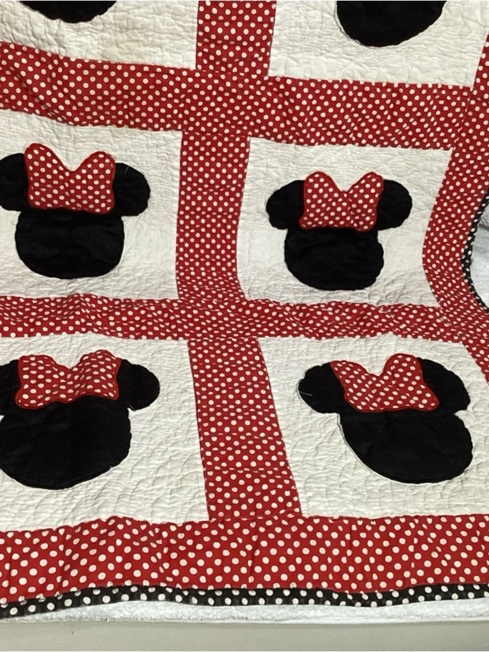 Vintage Handmade Minnie Mouse Themed Baby Quilt Red White Black Polka Dots